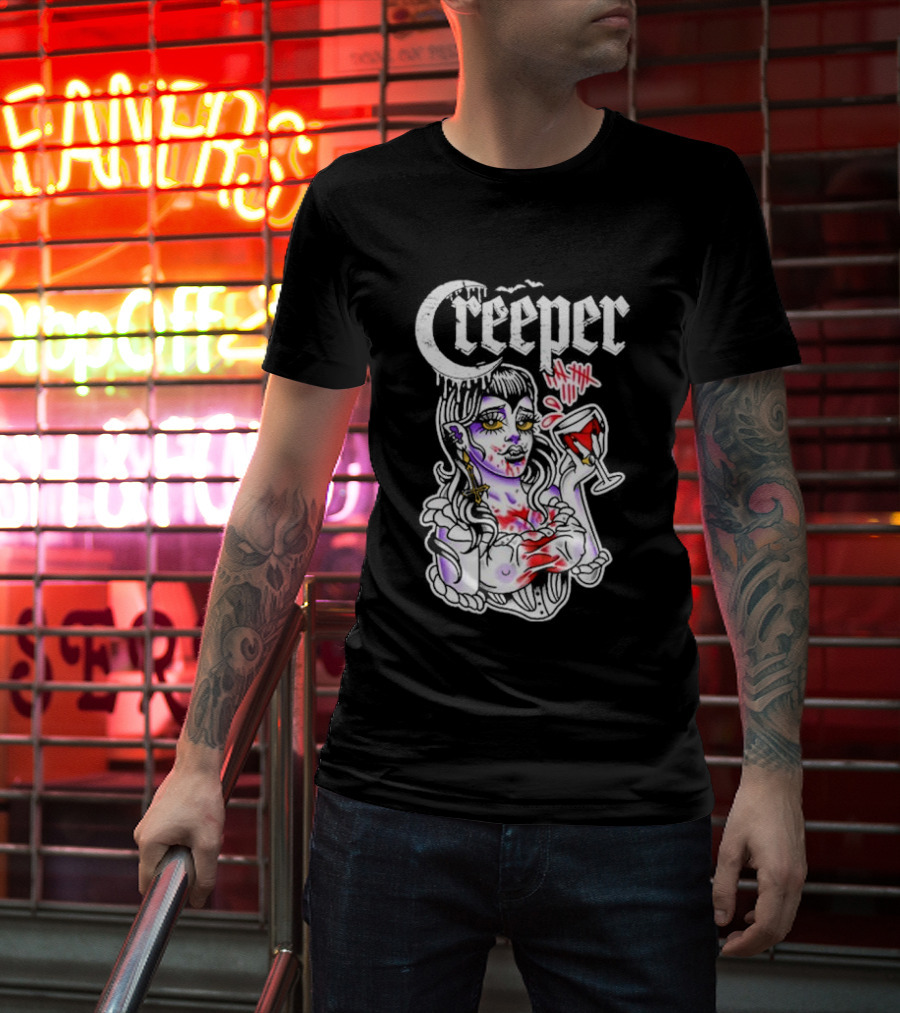 Creeper Gothic Vampire Woman With Bloody Drink T-Shirt