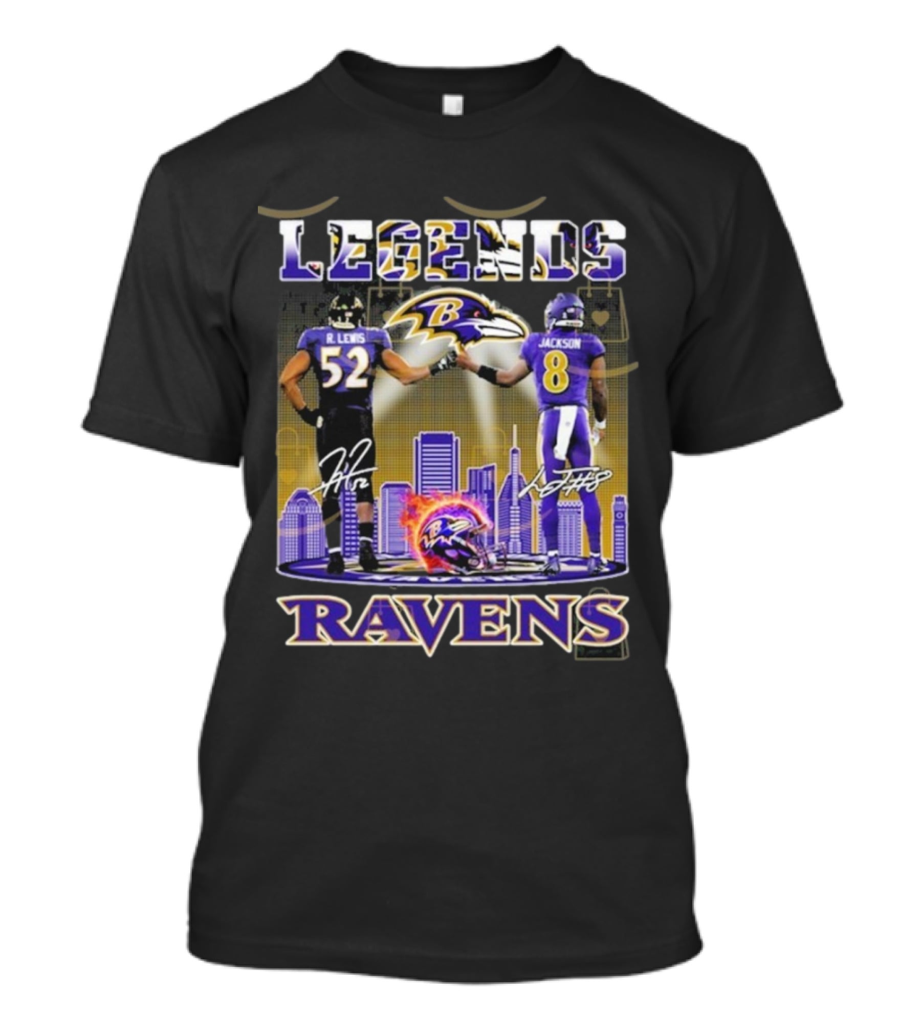 Baltimore Ravens Legends Ray Lewis 52 X Lamar Jackson 8 Signature T-Shirt