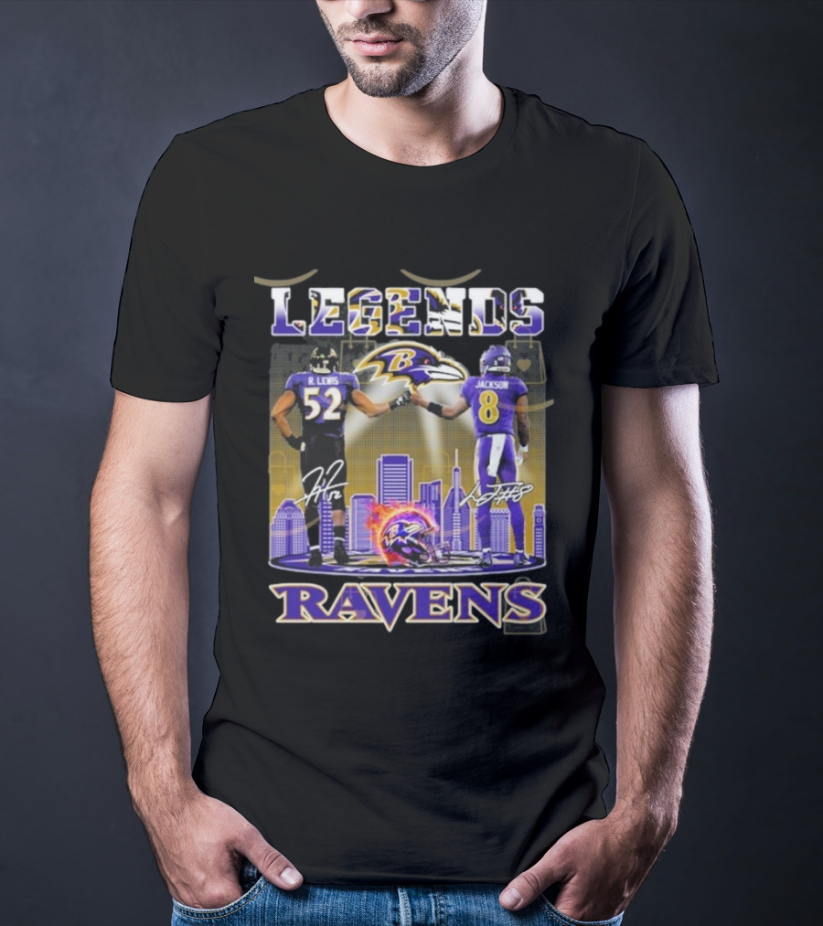 Baltimore Ravens Legends Ray Lewis 52 X Lamar Jackson 8 Signature T-Shirt
