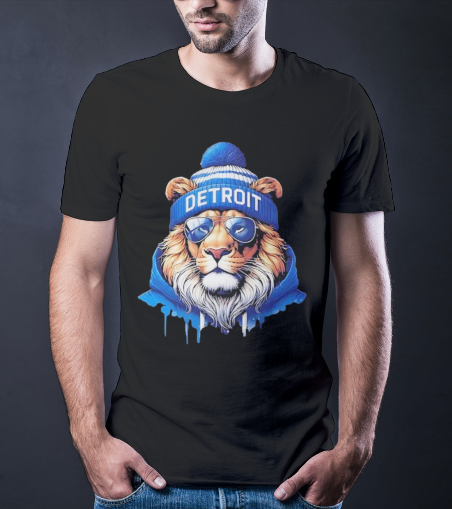 Detroit Lions Football 2025 New Season Cool Lion In Blue Beanie And Shades T-Shirt