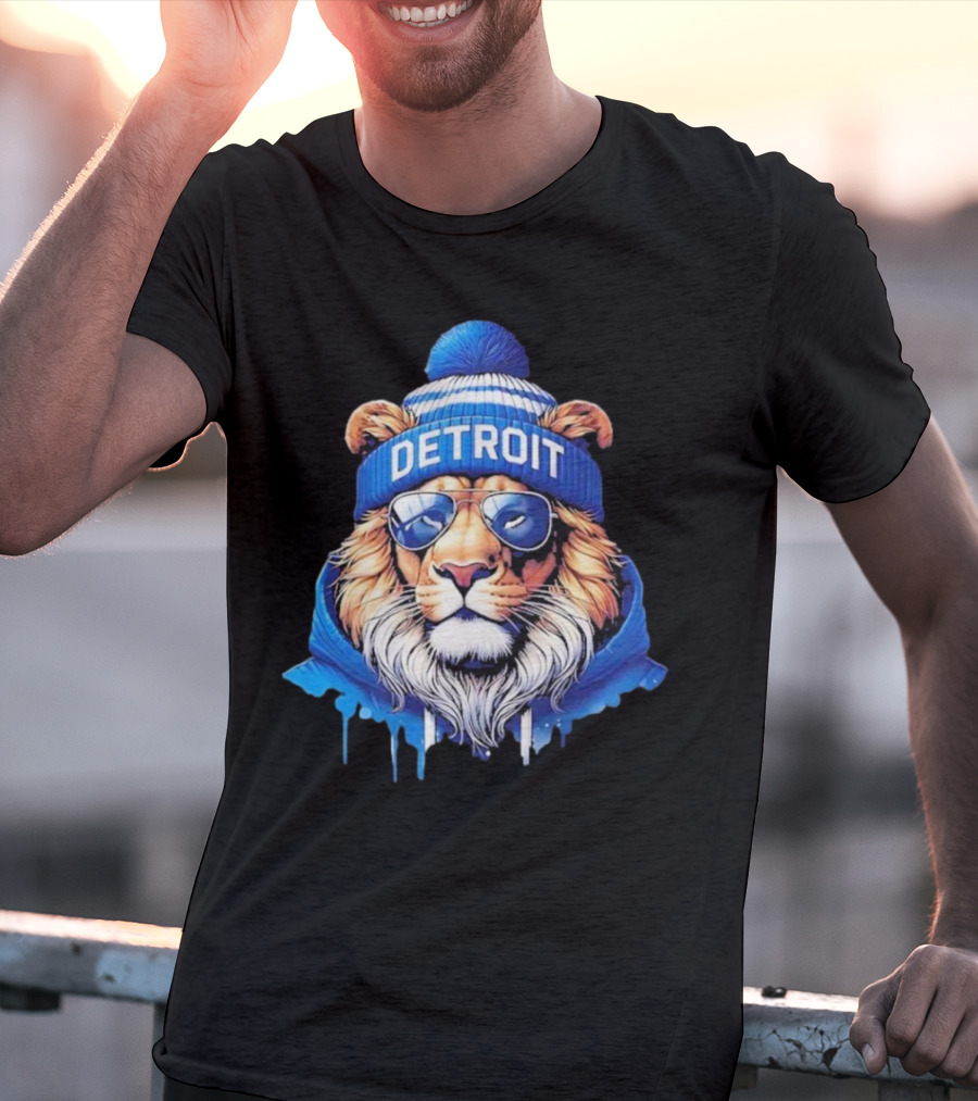 Detroit Lions Football 2025 New Season Cool Lion In Blue Beanie And Shades T-Shirt
