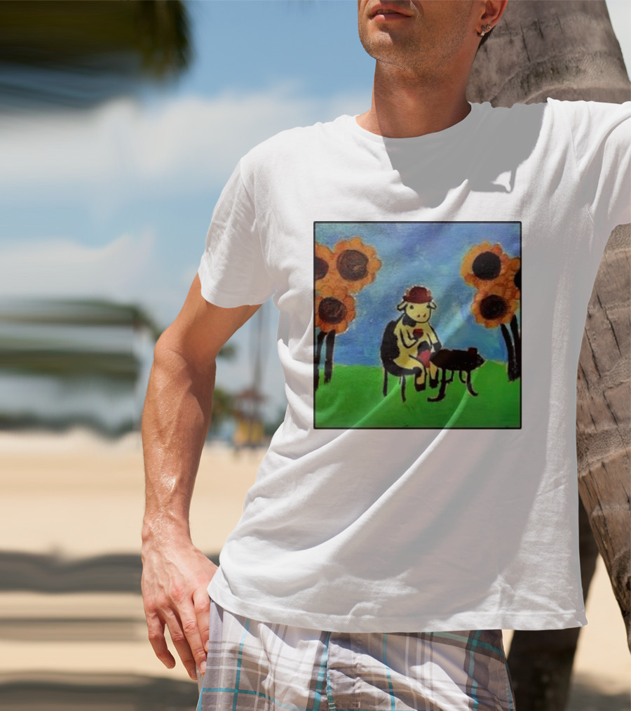 Cow Painting With Sunflowers And Tea Party Scene T-Shirt