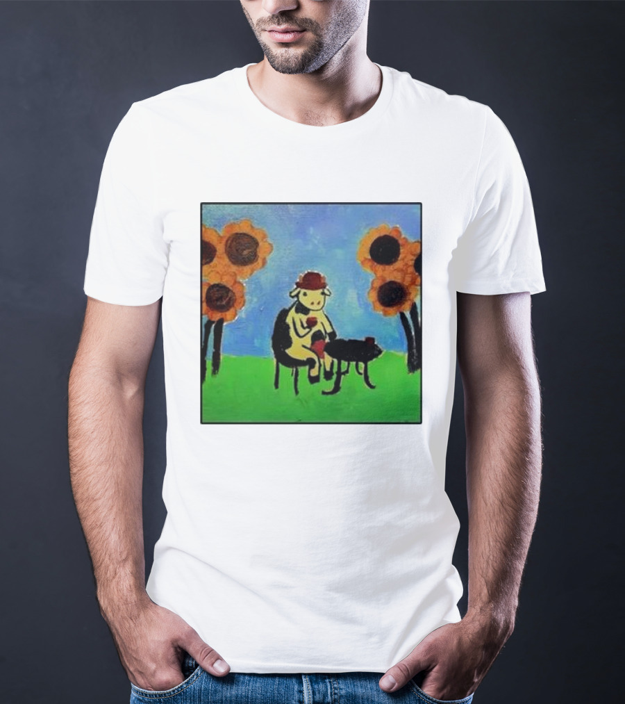 Cow Painting With Sunflowers And Tea Party Scene T-Shirt