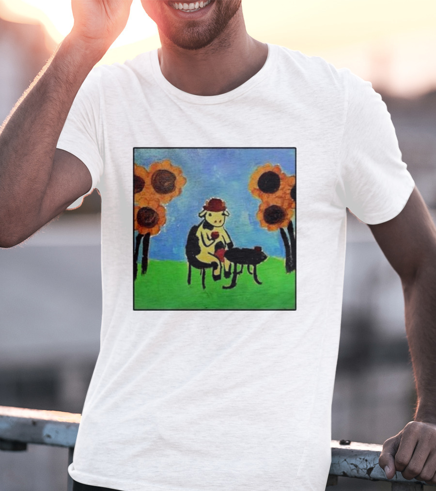 Cow Painting With Sunflowers And Tea Party Scene T-Shirt