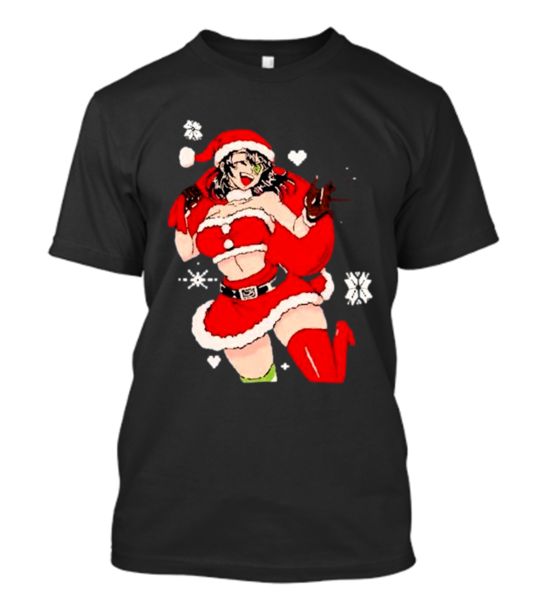 Supps Waifu Uwu Ugly Christmas Santa Anime Girl In Red Outfit With Snowflakes And Hearts T-Shirt