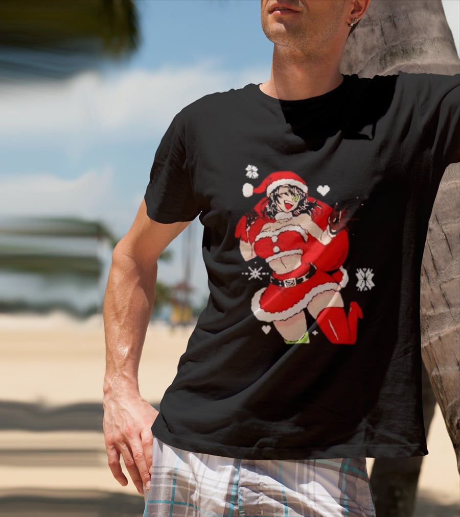 Supps Waifu Uwu Ugly Christmas Santa Anime Girl In Red Outfit With Snowflakes And Hearts T-Shirt