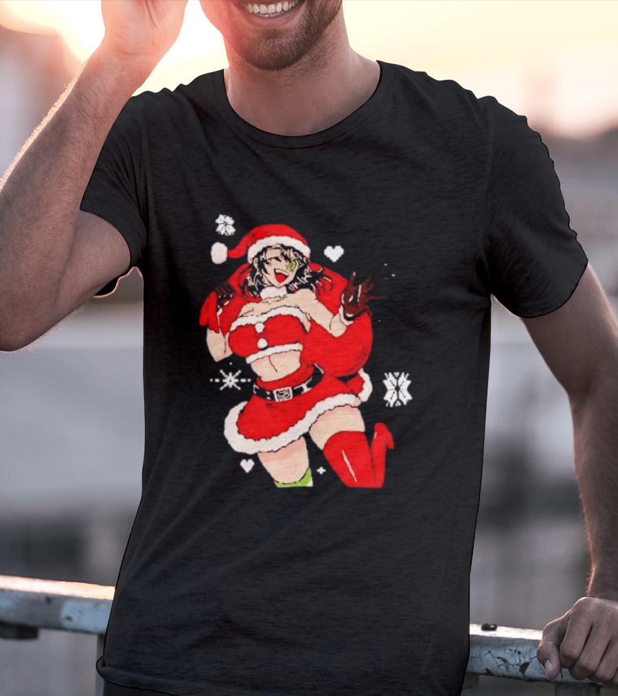 Supps Waifu Uwu Ugly Christmas Santa Anime Girl In Red Outfit With Snowflakes And Hearts T-Shirt