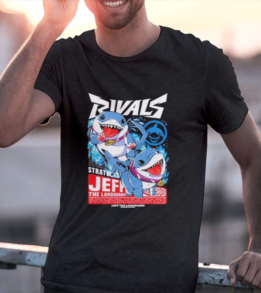 Rivals Stratbois Jeff The Land Shark Anime Style With Blue And Red Cartoon T-Shirt