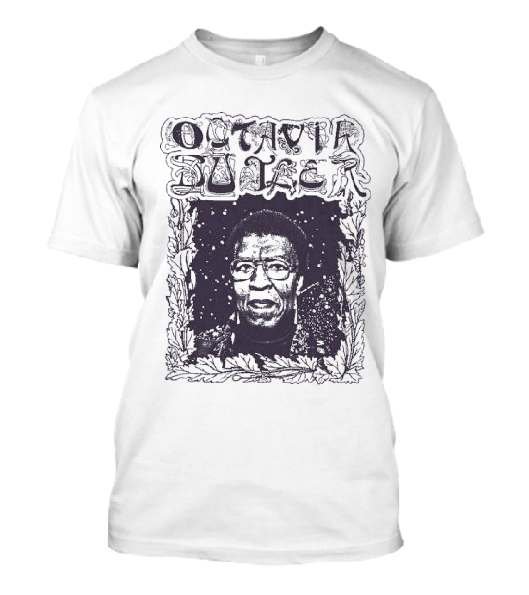 Octavia Butler Portrait With Leafy Cosmic Border T-Shirt