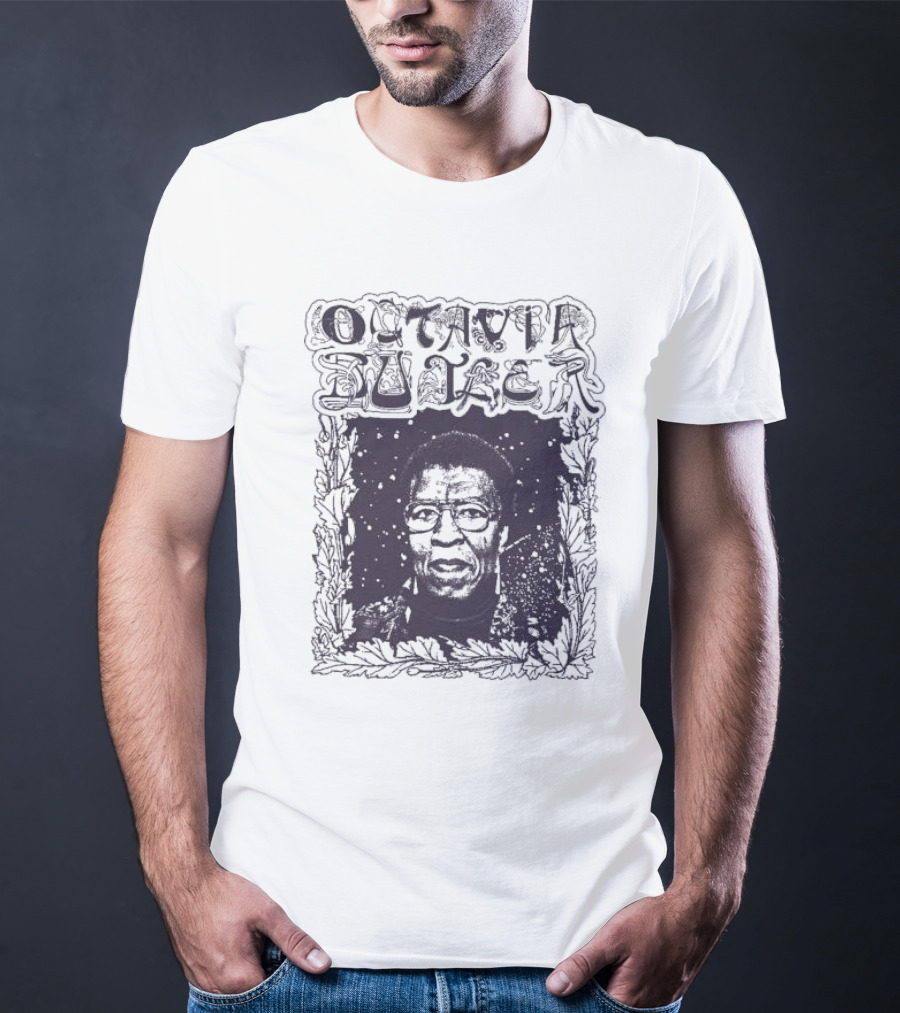 Octavia Butler Portrait With Leafy Cosmic Border T-Shirt