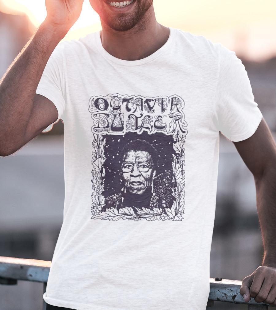 Octavia Butler Portrait With Leafy Cosmic Border T-Shirt