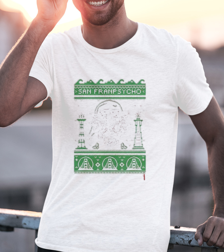 San Franpsycho Sfp Holiday Bridge Towers Snowflakes Green Holiday T-Shirt