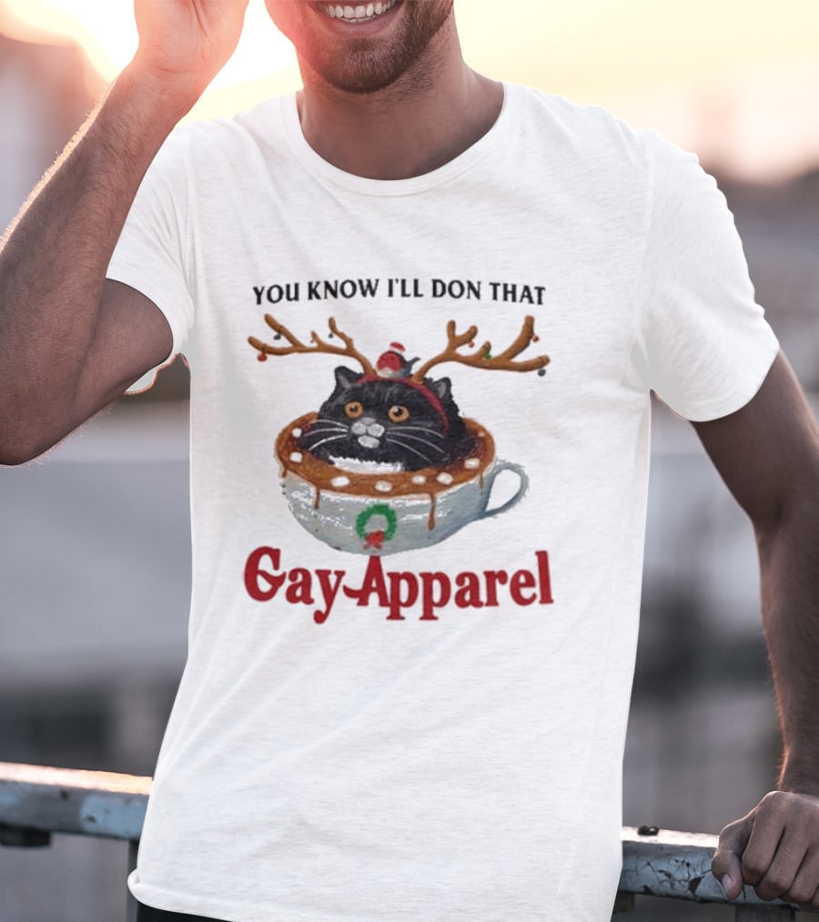 You Know I’ll Don That Gay Apparel Black Cat In Festive Antlers In Holiday Coffee Cup T-Shirt