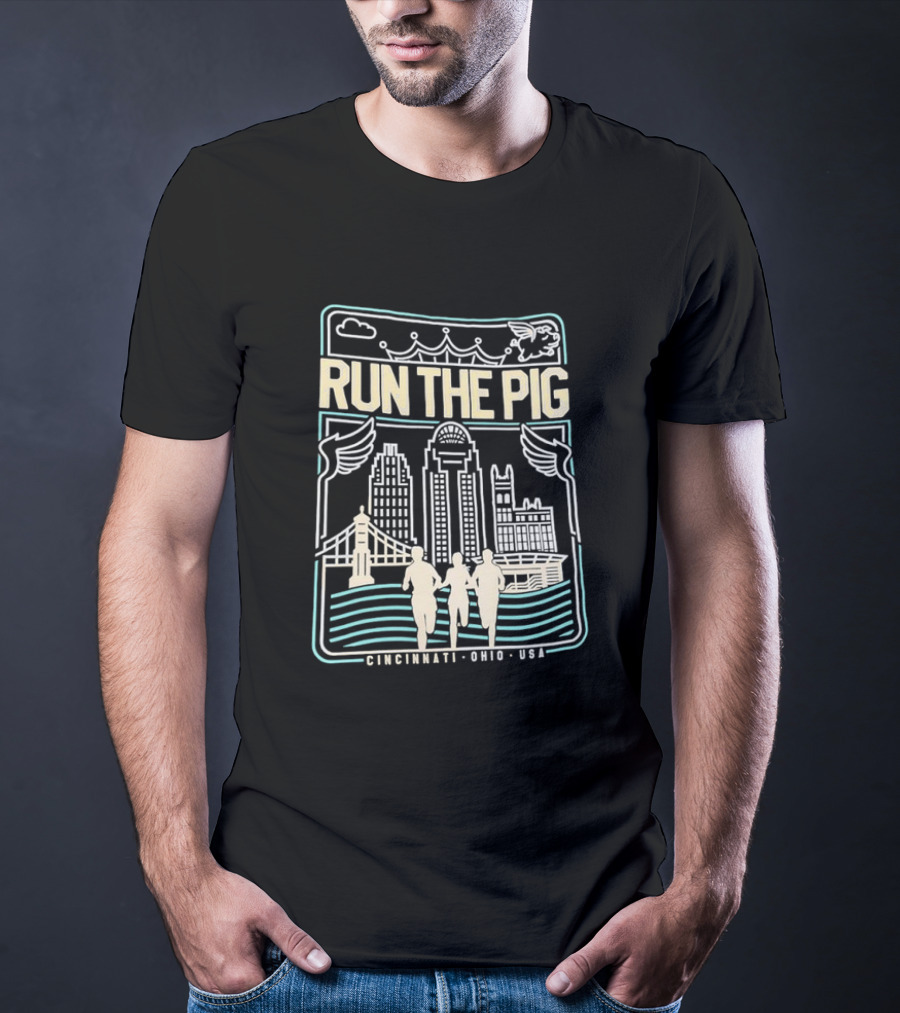 RUN THE PIG Skyline And Runners Cincinnati Ohio USA T-Shirt