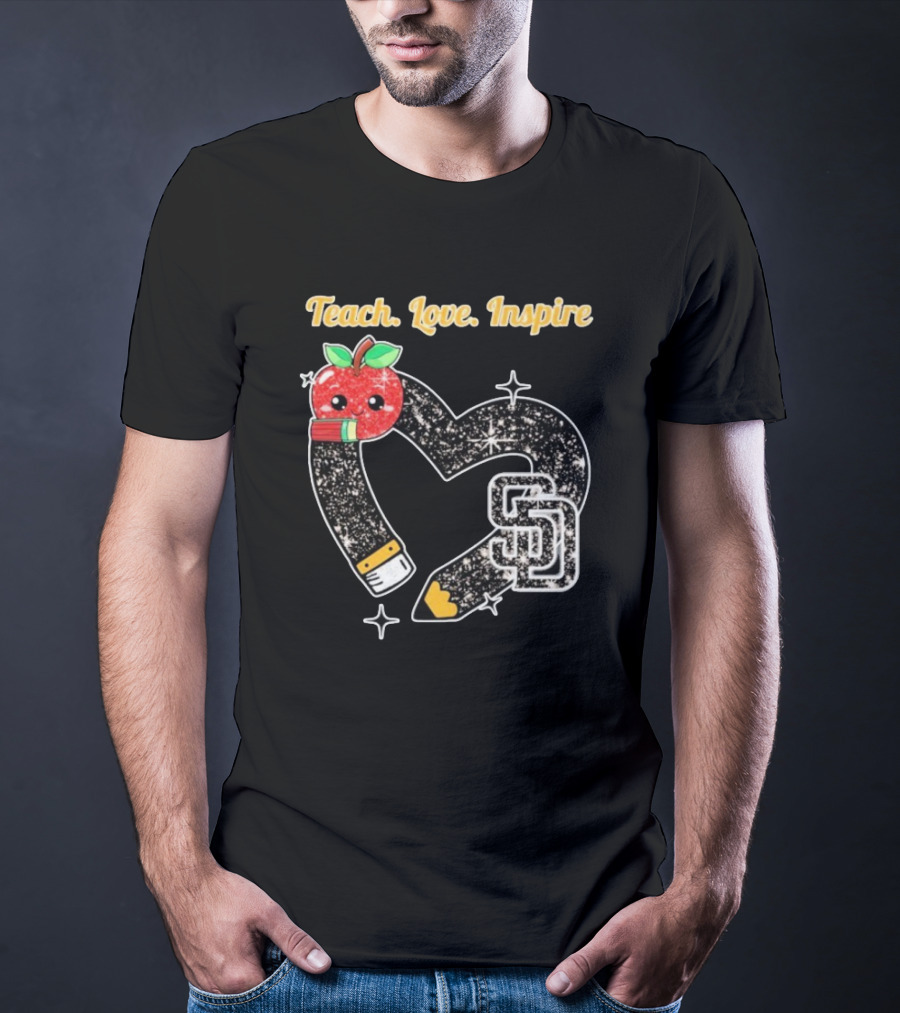 Teach Love Inspire San Diego Padres Sparkling Heart Apple Pencil T-Shirt