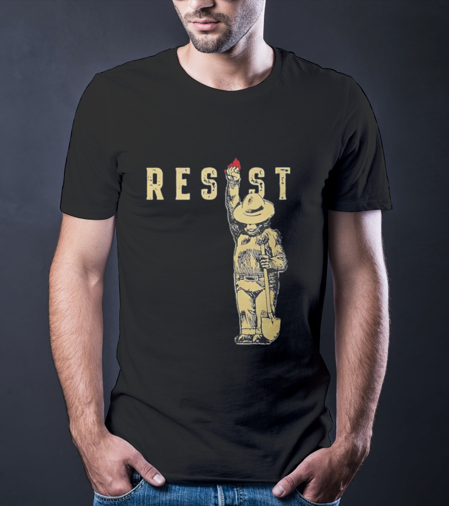"Smokey Resist Firefighter Bear With Raised Fist And Shovel" T-Shirt