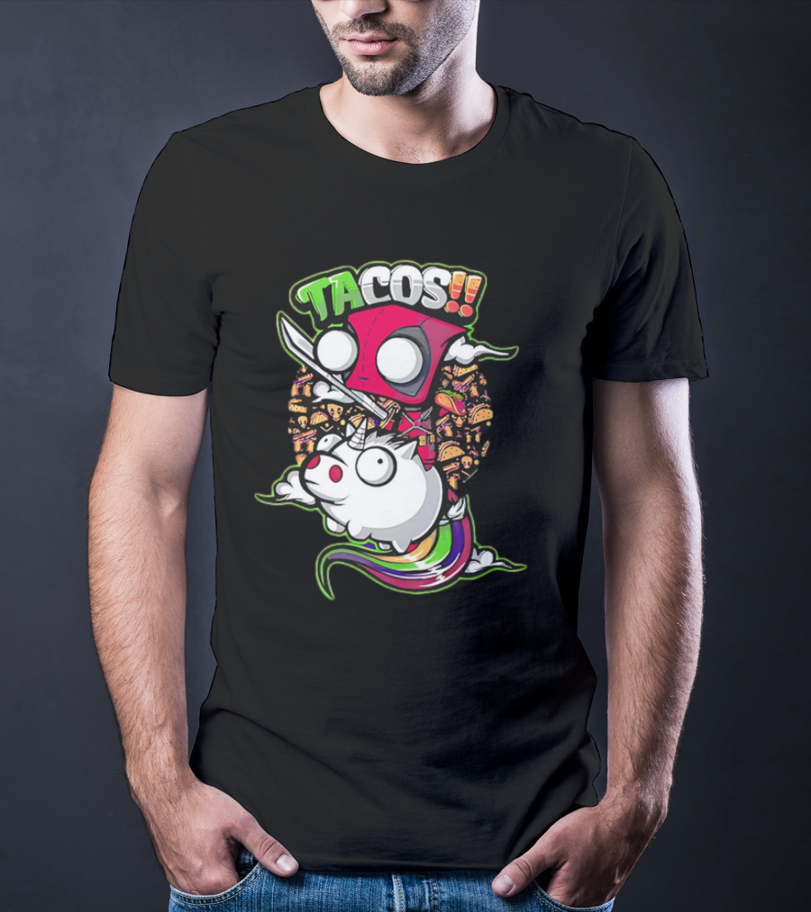 Tacos Deadpool Riding Unicorn Surrounded By Tacos Cartoon T-Shirt