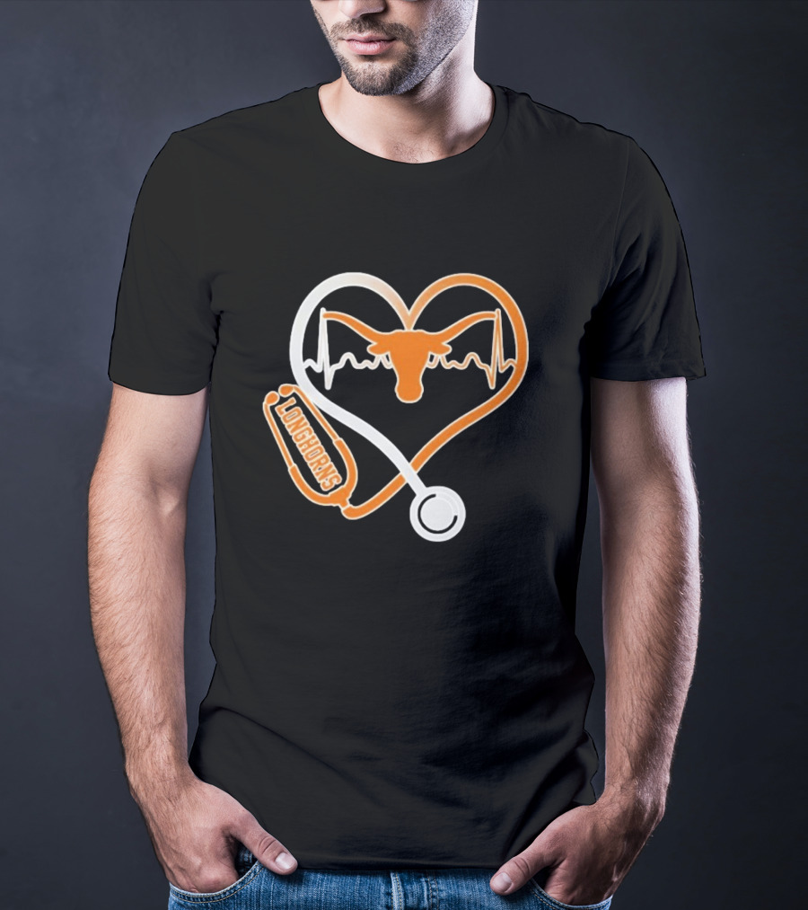Texas Longhorns Caring Hearts Nurse Stethoscope Heartbeat T-Shirt