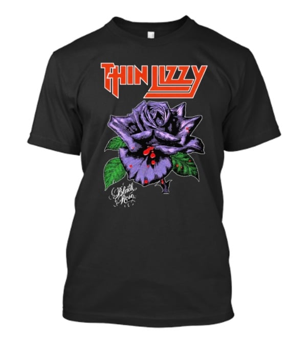 Thin Lizzy Black Rose With Purple Flower And Green Leaves T-Shirt