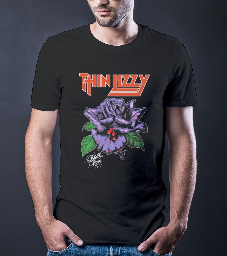 Thin Lizzy Black Rose With Purple Flower And Green Leaves T-Shirt