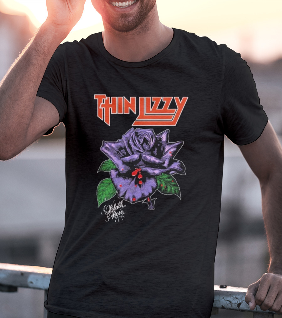 Thin Lizzy Black Rose With Purple Flower And Green Leaves T-Shirt