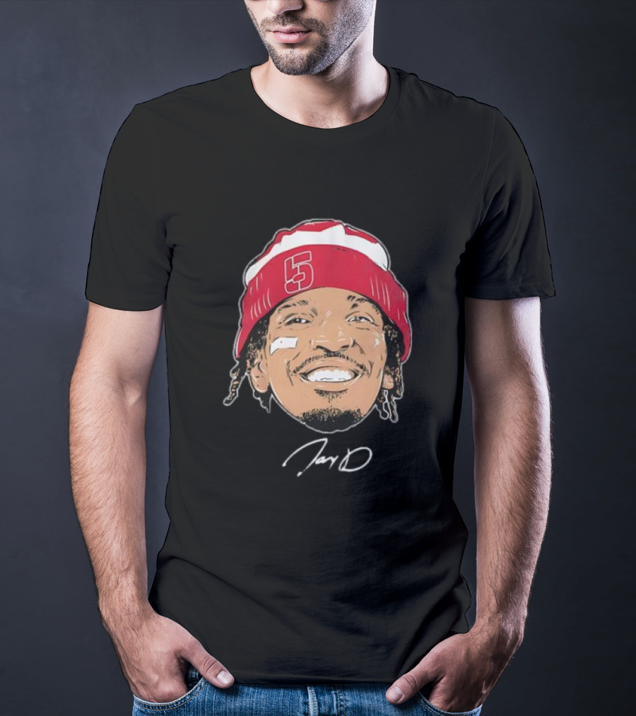 Washington Commanders Jayden Daniels Signature Face Bandage Number 5 Beanie T-Shirt