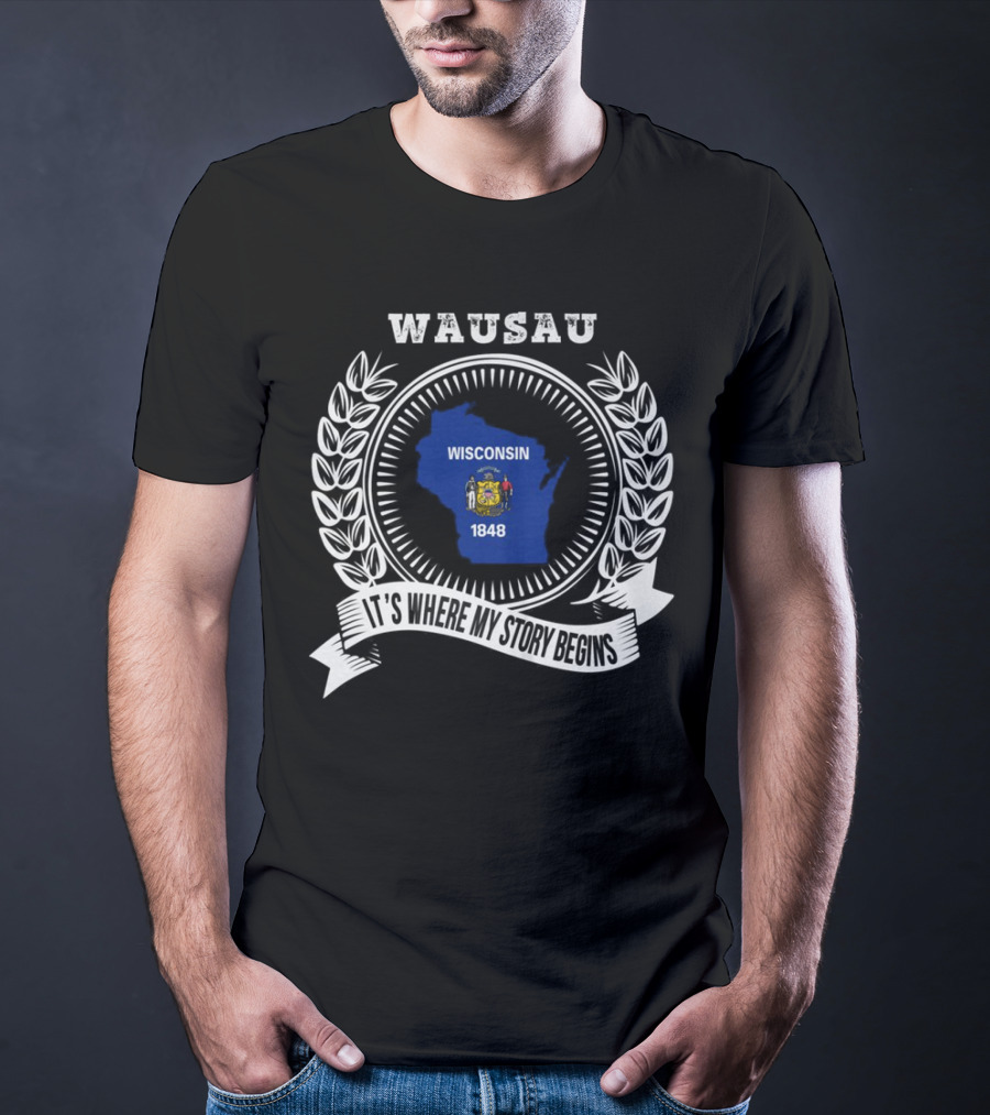WAUSAU Wisconsin 1848 State Outline Emblem T-Shirt