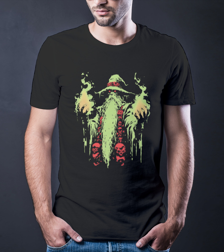 Wizard Of Doom Psychedelic Wizardry With Glowing Aura And Skull Elements T-Shirt