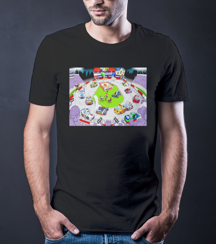 The Clash At Bowman Gray Stadium NASCAR Racing Daytona 500 Cartoon Track Scene T-Shirt