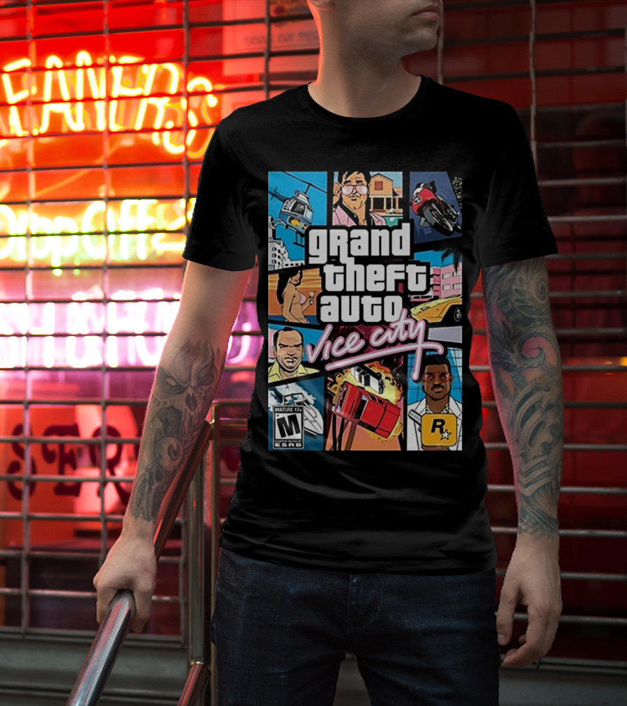 Grand Theft Auto Vice City Game Cover Art Helicopter Motorcycle Car Explosion R Star Logo T-Shirt