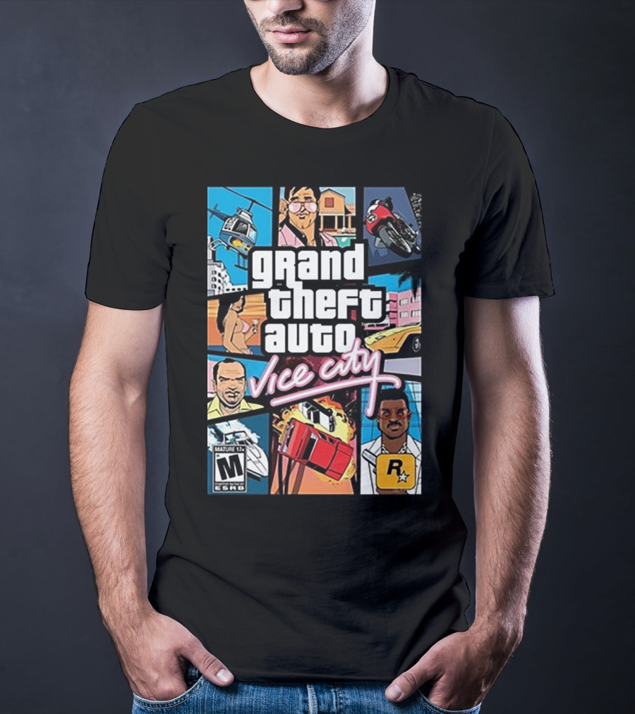 Grand Theft Auto Vice City Game Cover Art Helicopter Motorcycle Car Explosion R Star Logo T-Shirt