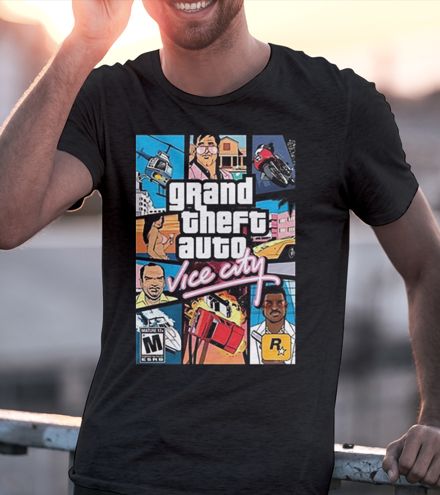 Grand Theft Auto Vice City Game Cover Art Helicopter Motorcycle Car Explosion R Star Logo T-Shirt