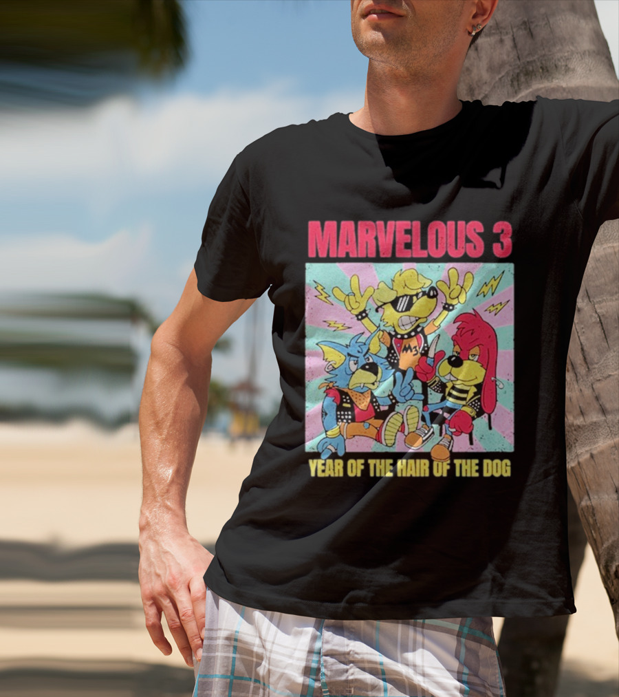 Marvelous 3 Year Of The Hair Of The Dog Cartoon Dogs With Punk Outfits And Sunglasses T-Shirt