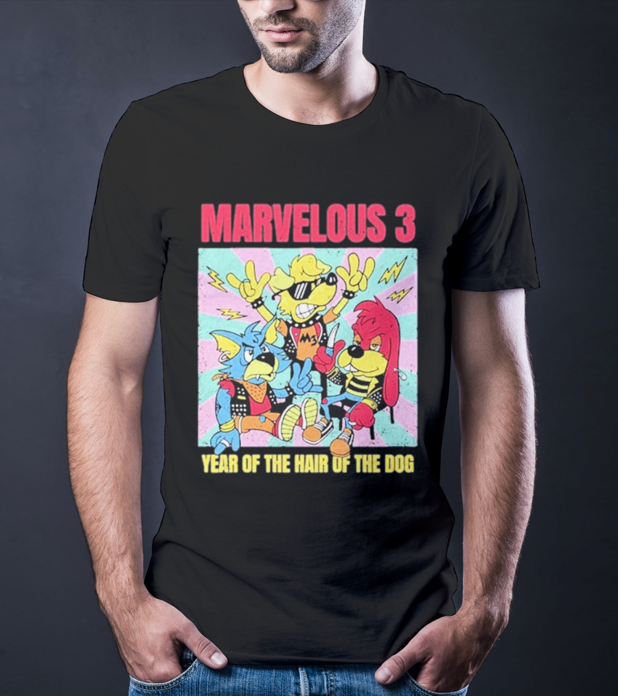 Marvelous 3 Year Of The Hair Of The Dog Cartoon Dogs With Punk Outfits And Sunglasses T-Shirt