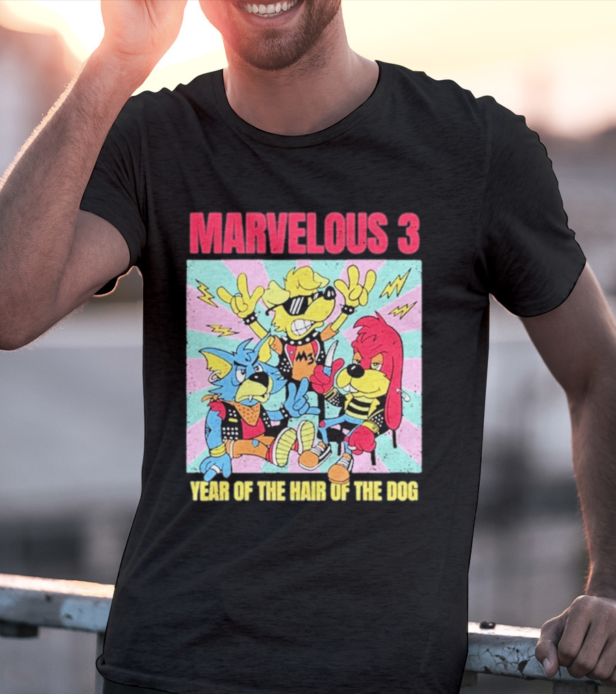 Marvelous 3 Year Of The Hair Of The Dog Cartoon Dogs With Punk Outfits And Sunglasses T-Shirt