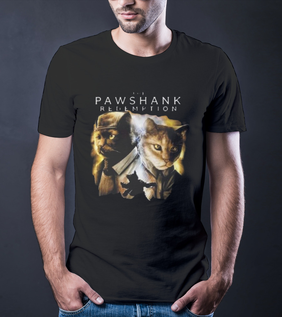 Pawshank Redemption Cat Movie Parody With Lightning And Cats In Prison Uniforms T-Shirt
