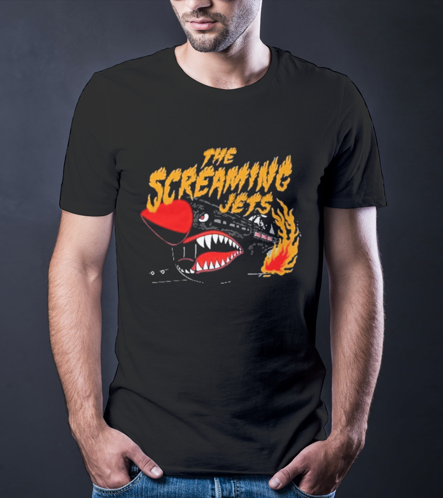 The Screaming Jets Flaming Jet With Fiery Cartoon Jet Fighter T-Shirt