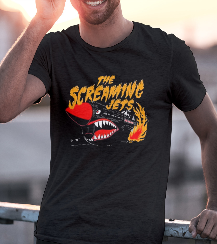 The Screaming Jets Flaming Jet With Fiery Cartoon Jet Fighter T-Shirt