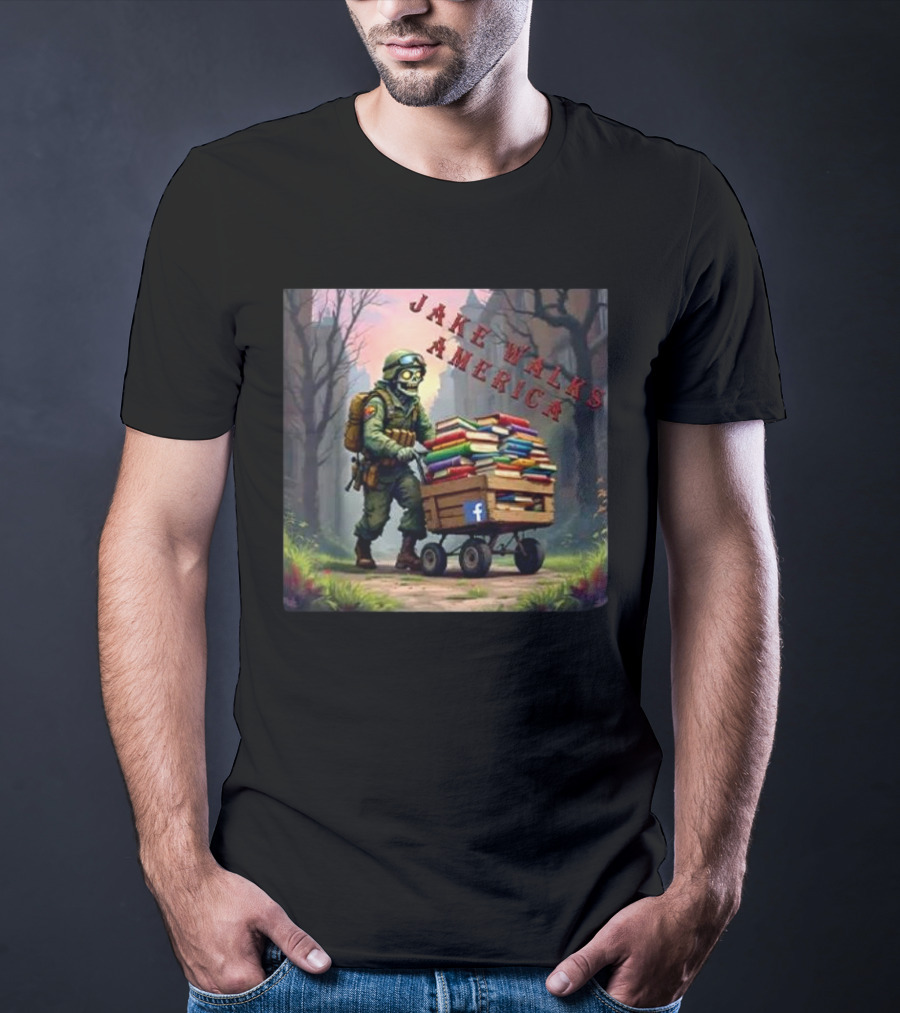 Zombie Soldier Pushing Book Cart Jake Walks America T-Shirt