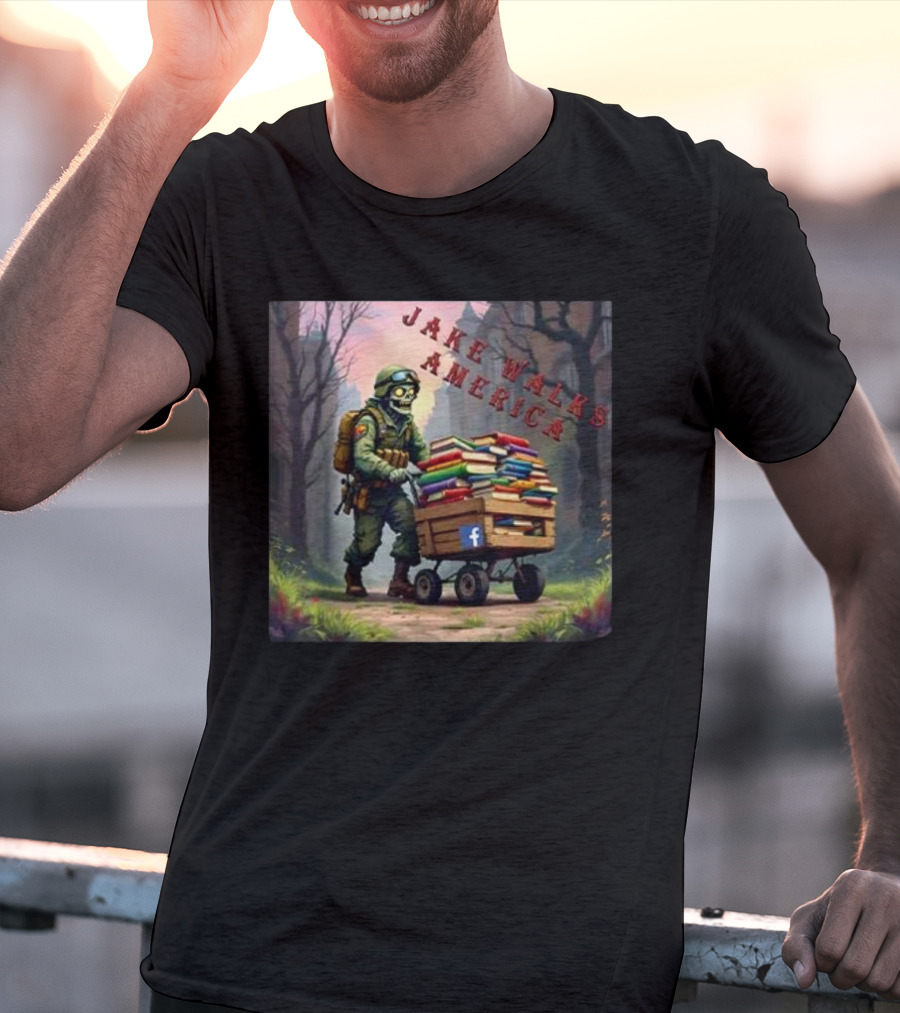 Zombie Soldier Pushing Book Cart Jake Walks America T-Shirt