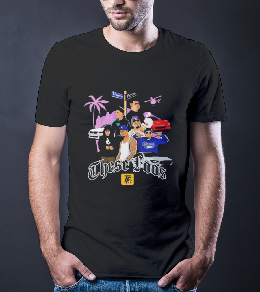 These Foos Street Style San Andreas Characters Palm Tree Helicopter Cars T-Shirt