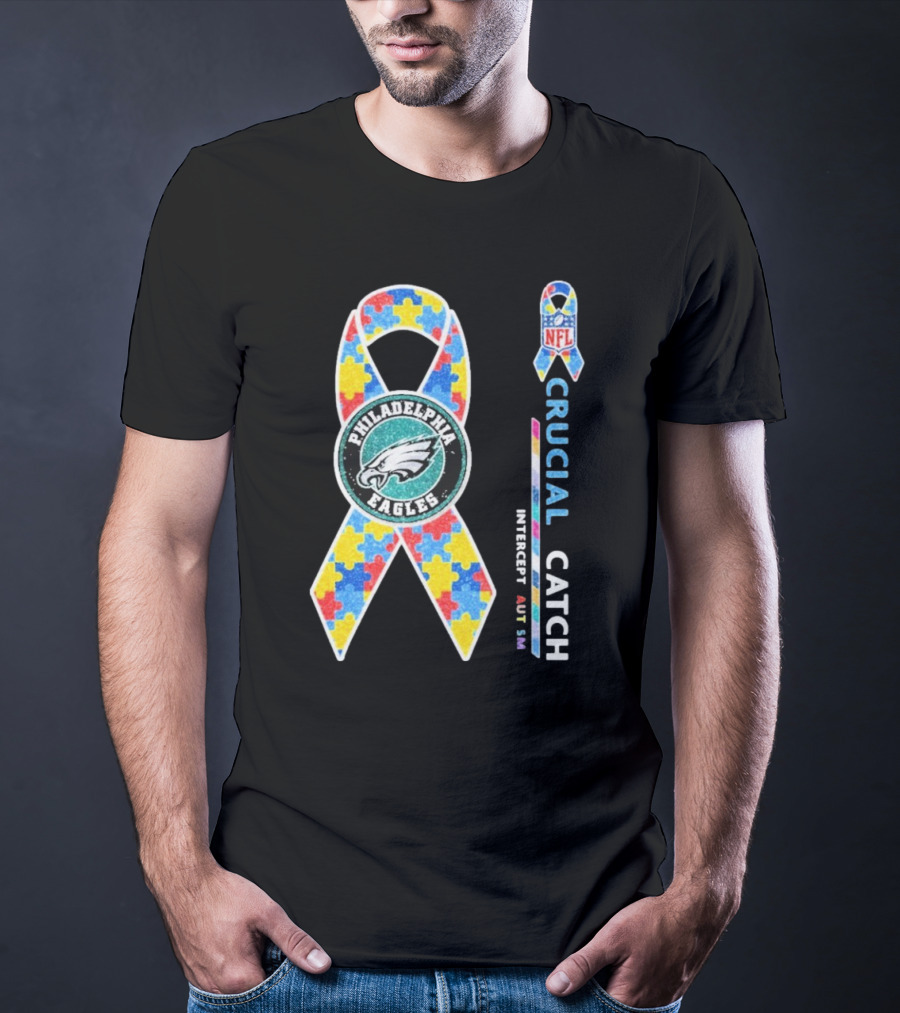Philadelphia Eagles Autism Awareness Crucial Catch NFL Puzzle Ribbon T-Shirt