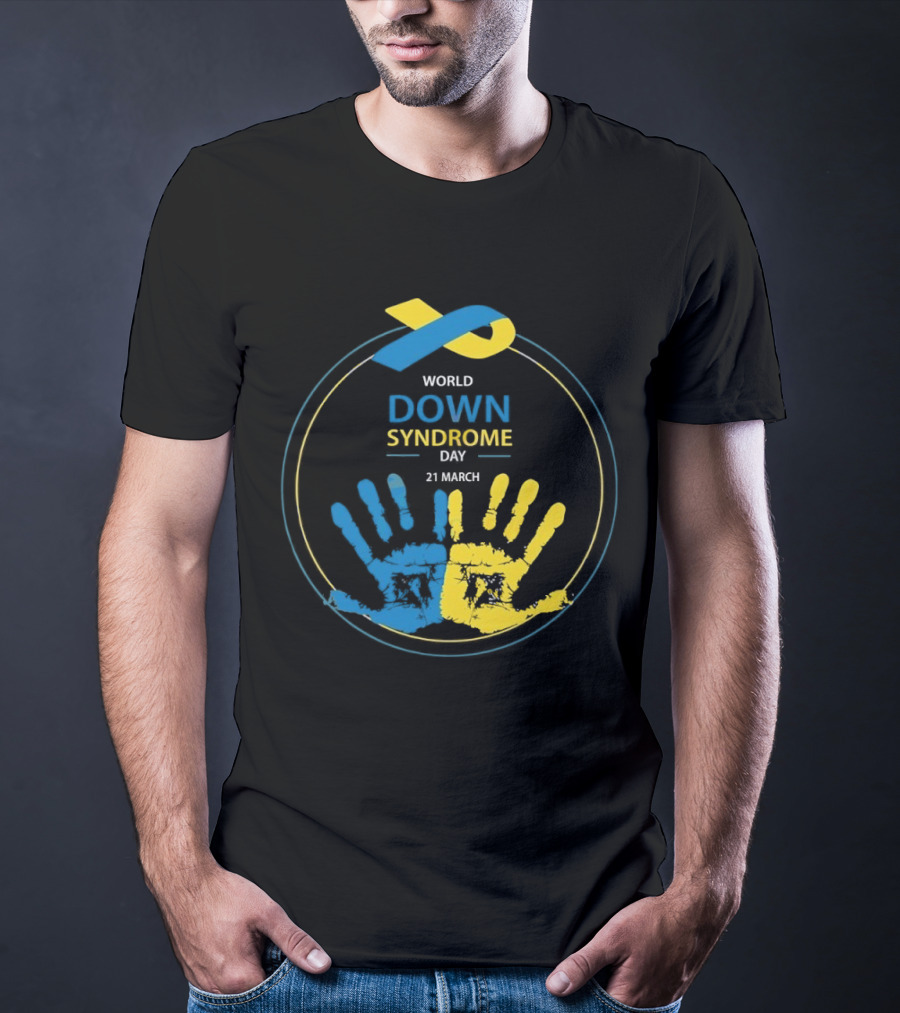 World Down Syndrome Day 21 March Blue Yellow Handprint Ribbon T-Shirt