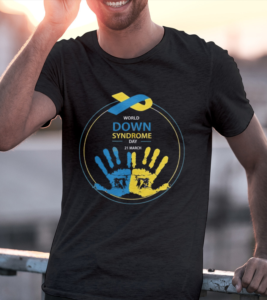 World Down Syndrome Day 21 March Blue Yellow Handprint Ribbon T-Shirt