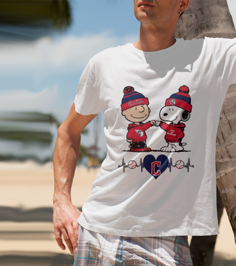 Charlie Brown Snoopy Cleveland Guardians Heartbeat Guardians Cap And T-Shirt