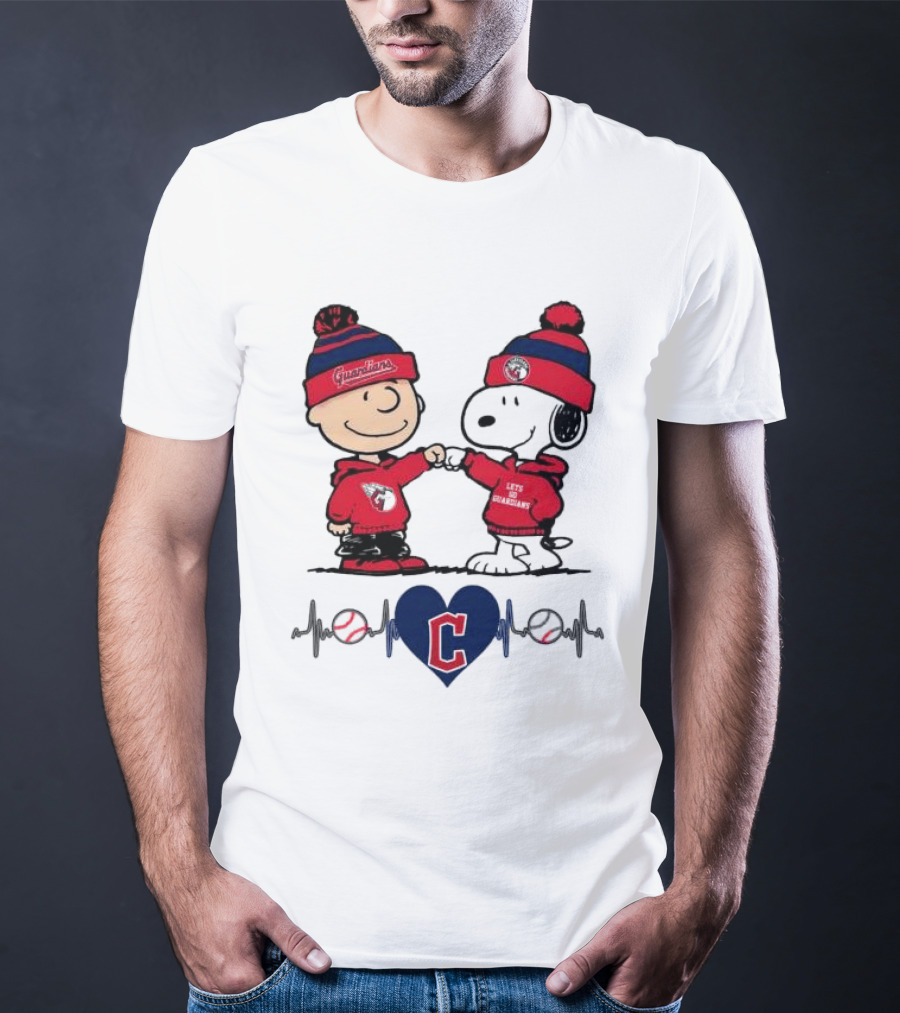Charlie Brown Snoopy Cleveland Guardians Heartbeat Guardians Cap And T-Shirt