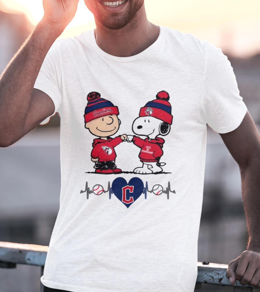 Charlie Brown Snoopy Cleveland Guardians Heartbeat Guardians Cap And T-Shirt