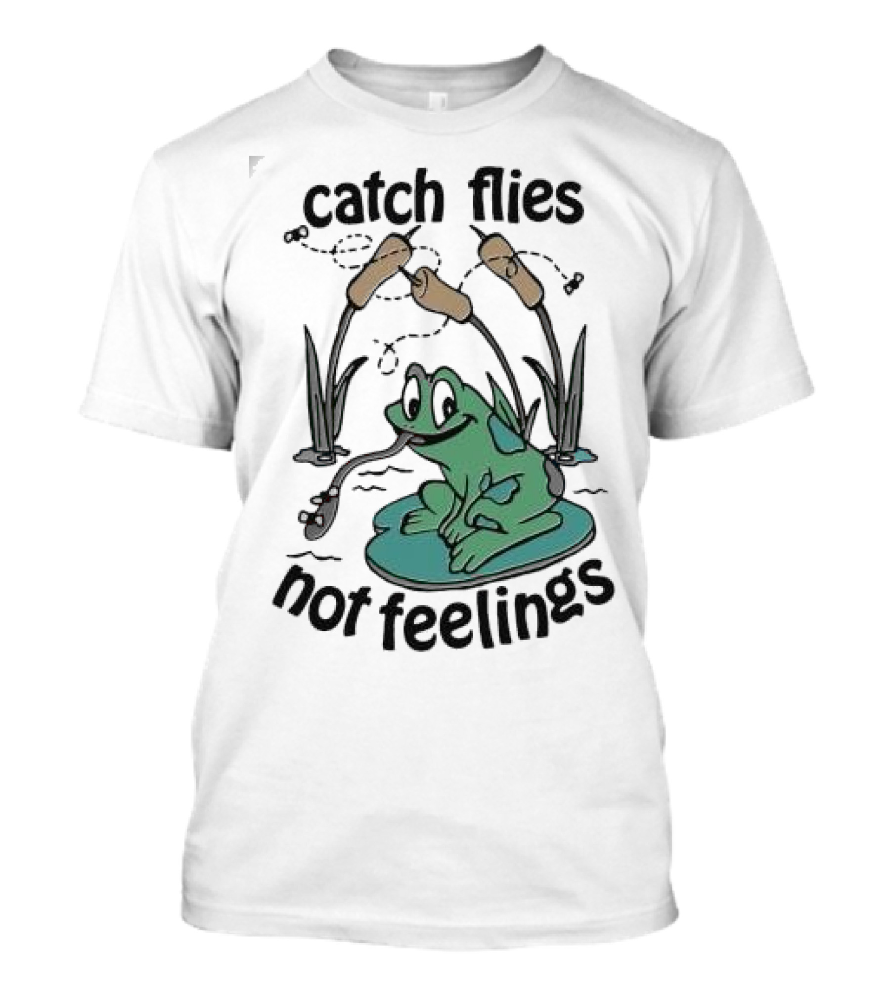 Catch Flies Not Feelings Frog On Lily Pad With Swirling Flies T-Shirt
