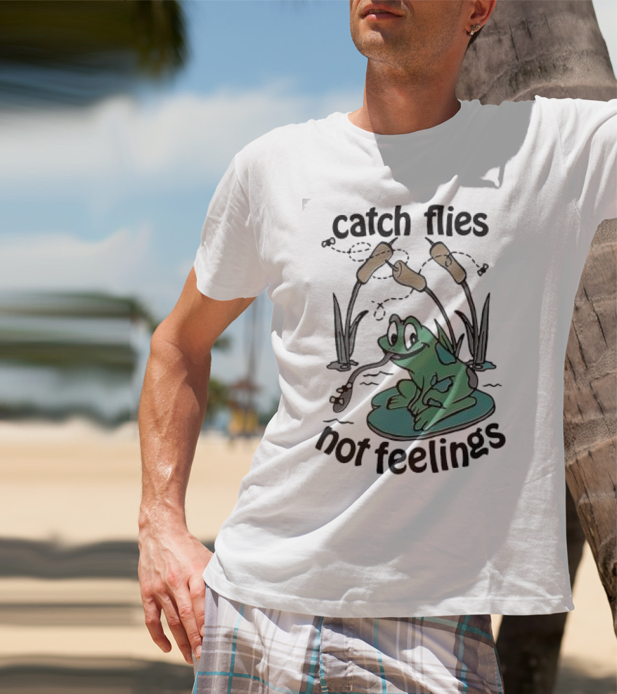 Catch Flies Not Feelings Frog On Lily Pad With Swirling Flies T-Shirt