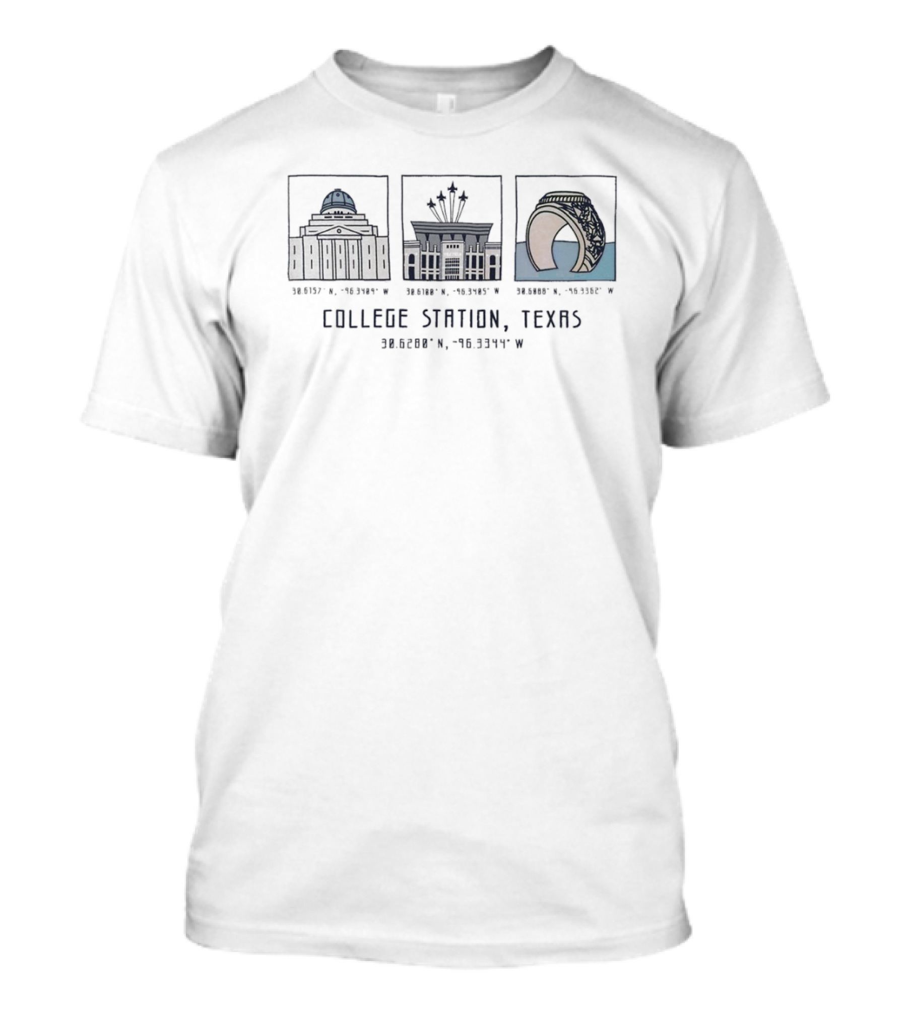 College Station Texas Landmark Icons With Latitude And Longitude Coordinates T-Shirt